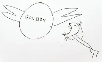 Description de l'image par IA : Un bonbon avec des ailes et un oiseau tenant un bâton de bonbon.