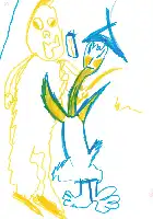 Description de l'image par IA : Dessin enfant : personne jaune tenant un objet bleu, debout, bras tendus.
