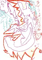 Description de l'image par IA : Dessin coloré avec des lignes sinueuses représentant une figure centrale, entourée de motifs abstraits et de formes diverses.