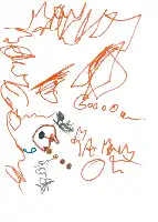 Description de l'image par IA : Dessins enfantins avec des traits orange et bleu, formes abstraites et lettres.