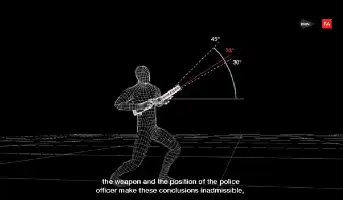 Description de l'image par IA : Silhouette d'un policier visant avec une arme, angles mesurés en arrière-plan.