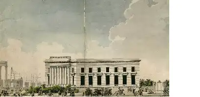 Description de l'image par IA : Bâtiment néoclassique avec colonnes, ciel nuageux, construction en cours, chevaux et calèches.