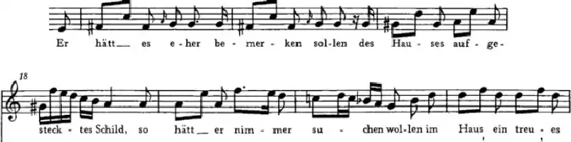 Description de l'image par IA : Partition musicale avec texte en allemand, notes et portées musicales, paroles sous la portée.