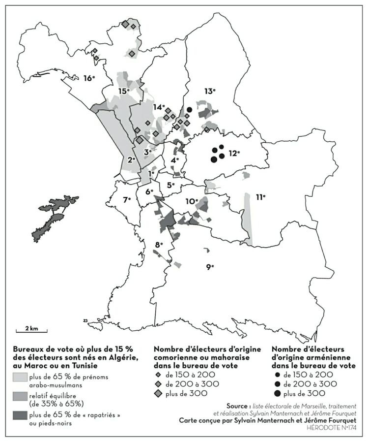 Description de l'image par IA : Carte électorale avec concentrations d'électeurs issus des communautés comorienne, arménienne et rapatriée à Marseille.