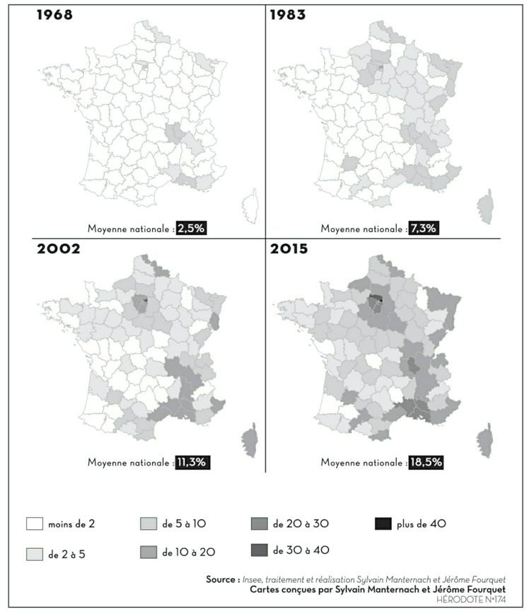 Description de l'image par IA : Cartes de France montrant l'évolution de la proportion de garçons portant des prénoms d'origine arabo-musulmane en 1968, 1983, 2002 et 2015.