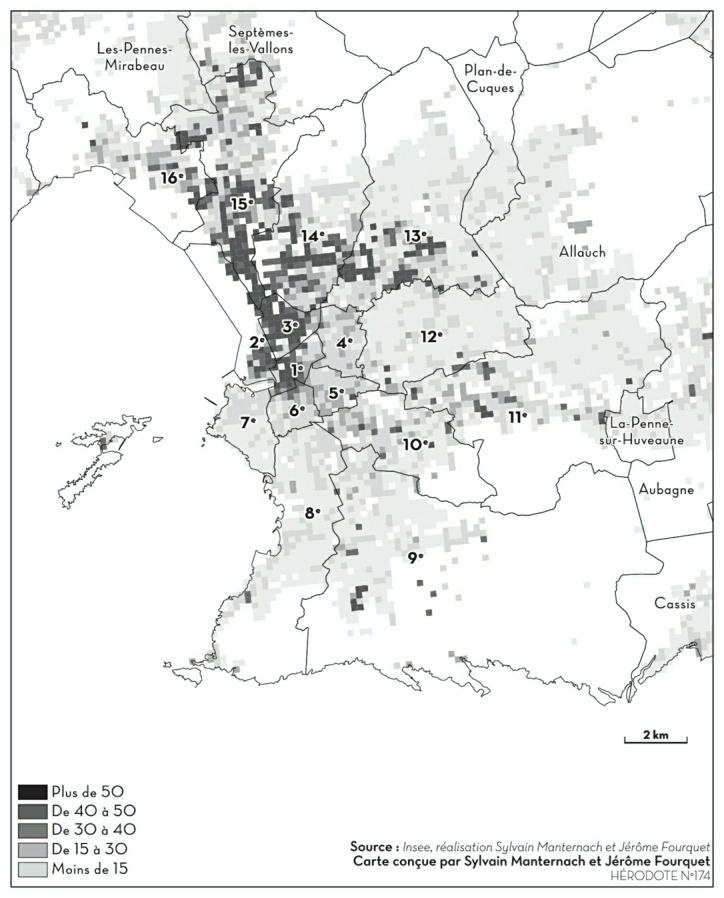 Description de l'image par IA : Carte de Marseille montrant les taux de ménages sous le seuil de pauvreté.