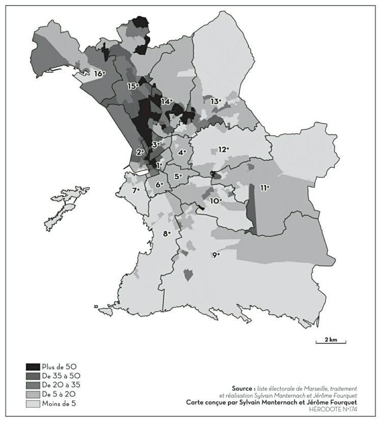Description de l'image par IA : Carte de Marseille montrant la proportion d'électeurs avec des prénoms arabo-musulmans en 2014.