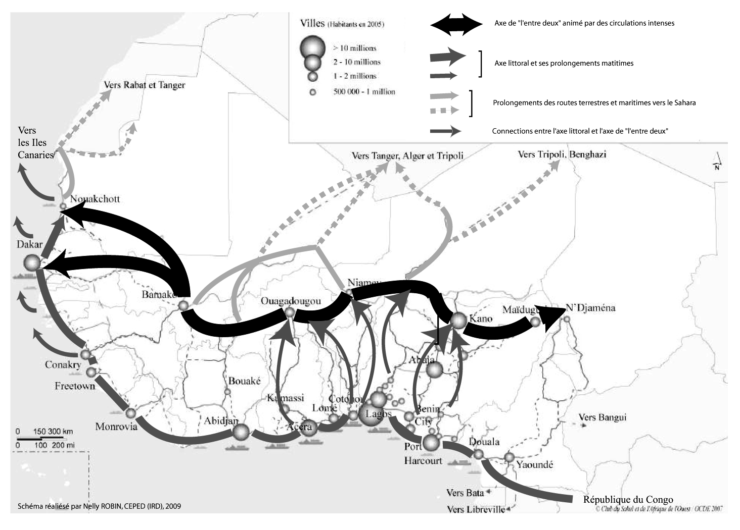 Description de l'image par IA : Carte des migrations en Afrique de l'Ouest avec flux migratoires et villes clés.