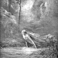 Description de l'image par IA : Femme éthérée dans une forêt, s'approchant d'un plan d'eau, cheveux flottants.