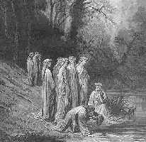 Description de l'image par IA : Huit figures en robes dans une forêt, l'une agenouillée, une autre assise, entourées d'arbres et de lumière filtrante.