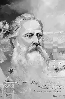 Description de l'image par IA : Portrait en noir et blanc d'un homme barbu avec une étoile et un bâtiment en arrière-plan, accompagné d'une citation en français.