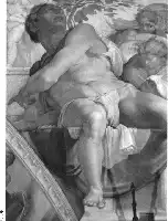 Description de l'image par IA : Homme musclé, torse nu, assis sur un banc, regardant vers le haut avec une expression de douleur ou de contemplation.