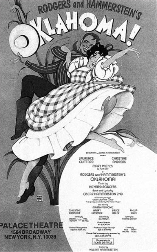 Description de l'image par IA : Affiche en noir et blanc pour la comédie musicale "Oklahoma!" avec des personnages et texte.