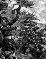 Description de l'image par IA : Guerrier brandissant une épée, affrontant plusieurs adversaires dans une bataille chaotique.