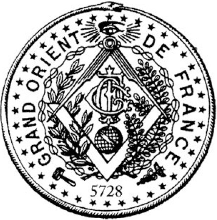 Description de l'image par IA : Sceau avec "GRAND ORIENT DE FRANCE", étoiles, compas, équerre, et date 5728.