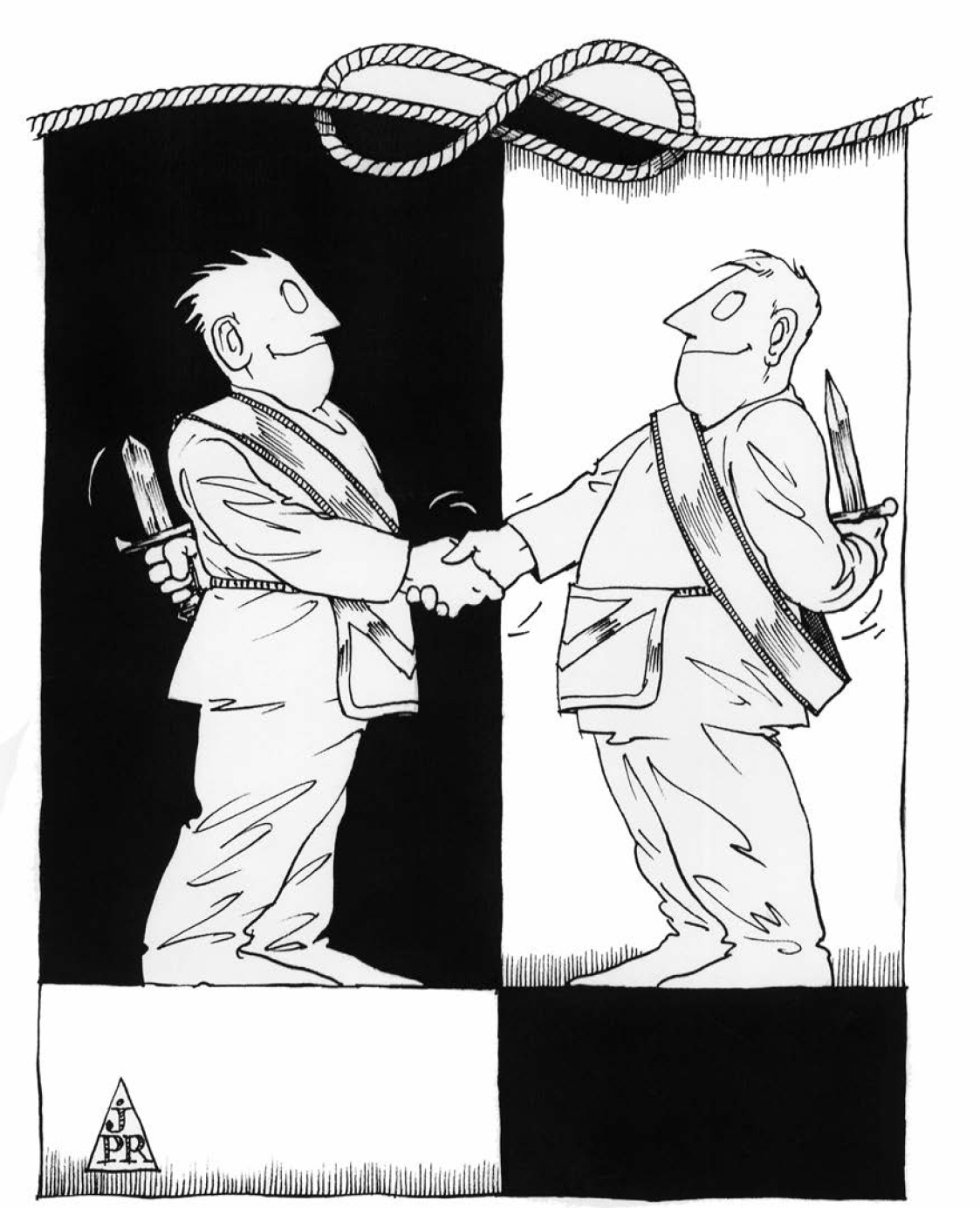 Description de l'image par IA : Deux hommes en costume échangent une poignée de main, chacun tenant un couteau.