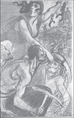 Description de l'image par IA : Femme brandissant une épée, entourée de figures, symbolisant la République.