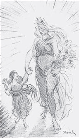 Description de l'image par IA : Femme avec enfant, drapeau et gerbe, lumière rayonnante.