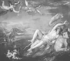 Description de l'image par IA : Déesse Europe allongée, enlevée par Zeus sous forme de taureau, entourée de chérubins ailés.