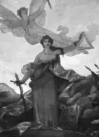Description de l'image par IA : Femme ailée tenant une épée et un compas, debout sur des rochers, avec un livre ouvert devant elle.