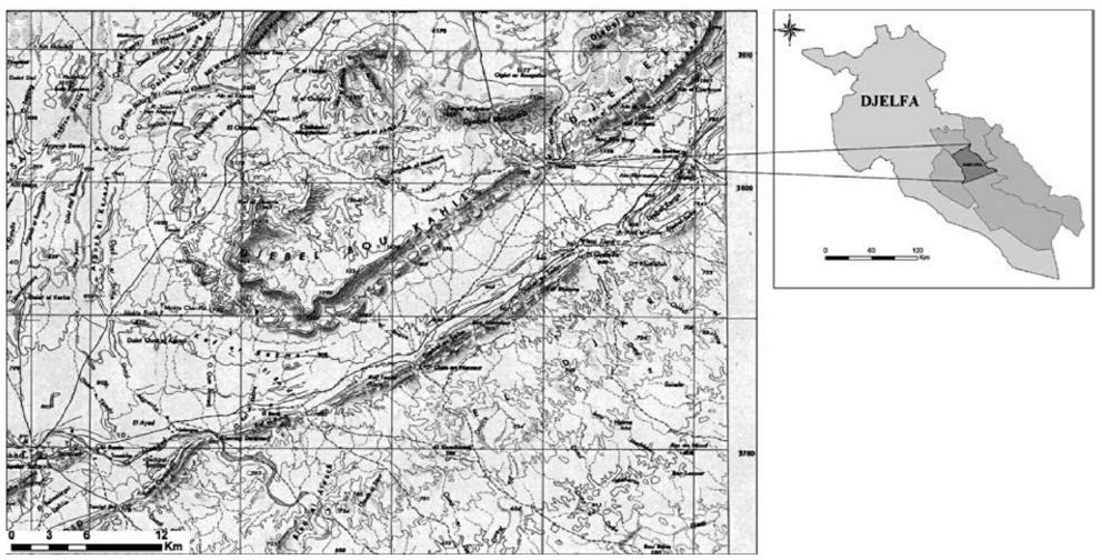 Description de l'image par IA : Position géographique de Amoura et limites de la commune. (Extrait de la carte topographique, feuille Djelfa NI-31-XVI, 1/200.000).