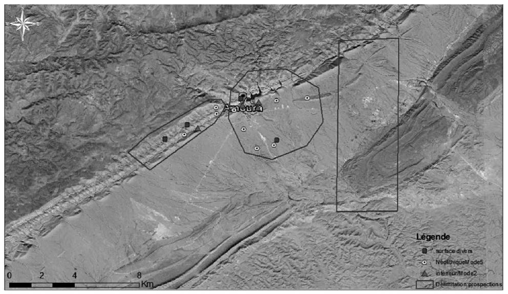 Description de l'image par IA : Zones prospectées et sites découverts (Google Earth).