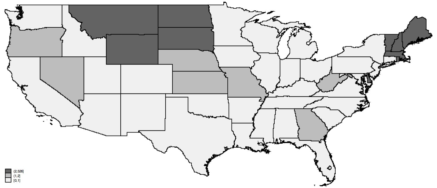 Description de l'image par IA : Carte des États-Unis avec différentes nuances de gris représentant le nombre d'avis par État.