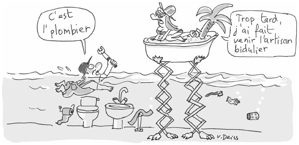 Description de l'image par IA : Un plombier répare des toilettes sur une plage. Un client dans une baignoire sur pilotis observe.