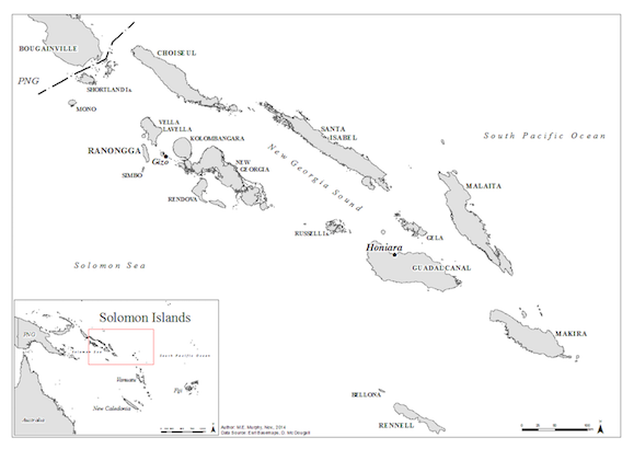 Description de l'image par IA : Map of the Solomon Islands showing various islands and locations.