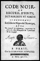 Description de l'image par IA : Titre : "Code Noir". Texte en français sur fond noir et blanc. Portrait en bas. Date : 1743.