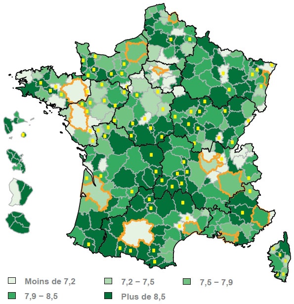 Description de l'image par IA : Carte de France avec emplois publics dans l’enseignement pré-bac par 100 habitants de moins de 16 ans.