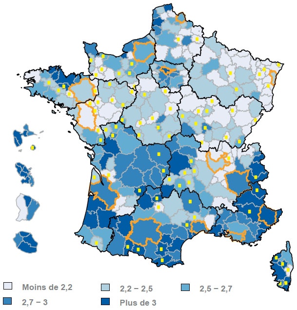Description de l'image par IA : Carte de France avec emplois locaux des collectivités territoriales par habitant.