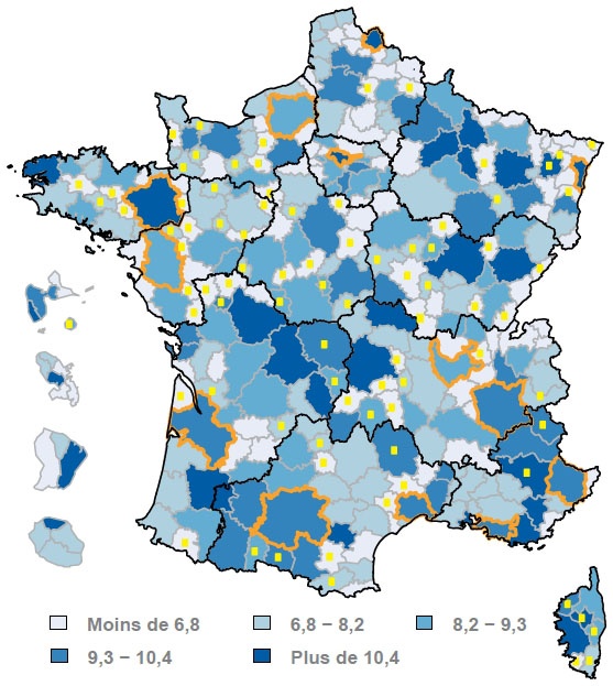 Description de l'image par IA : Carte de France montrant le nombre d'emplois publics par zone d'emploi, avec des nuances de bleu indiquant les variations.