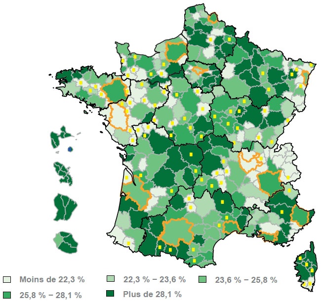 Description de l'image par IA : Carte de la France montrant la part de l'emploi public dans l'emploi total par zone d'emploi.