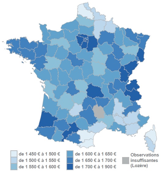 Description de l'image par IA : Carte de la France avec niveaux de vie des enfants par département.