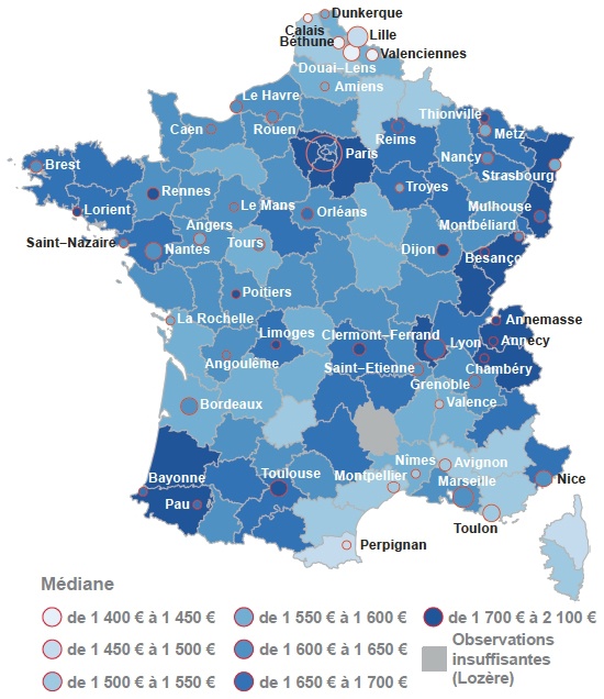 Description de l'image par IA : Carte de la France avec cercles indiquant le niveau de vie des enfants par département.