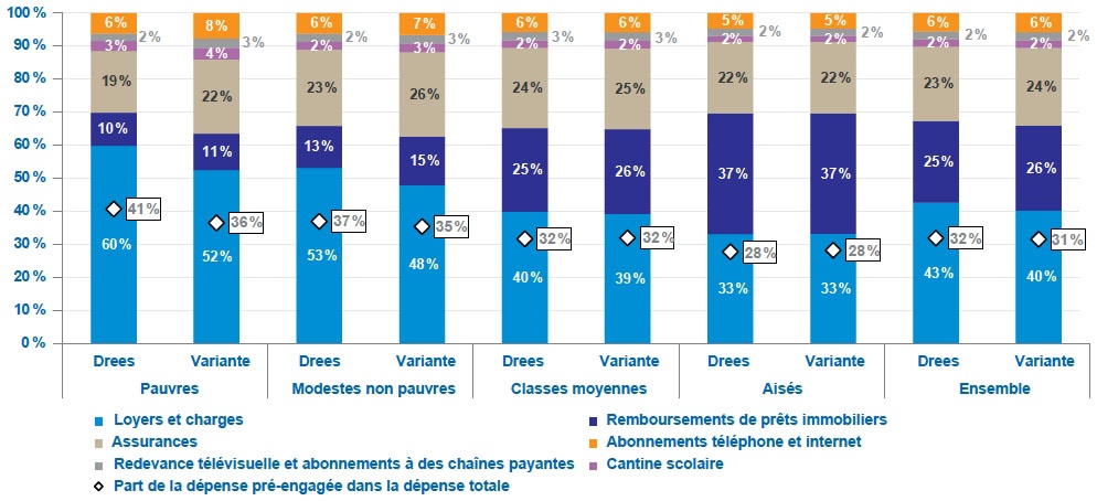 Description de l'image par IA : Graphique montrant les dépenses pré-engagées selon le niveau de vie en 2017.