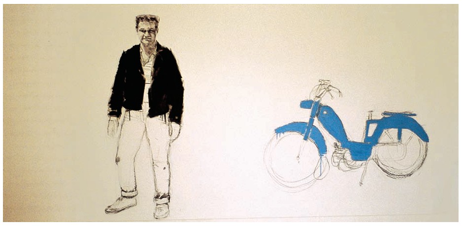 Description de l'image par IA : Homme en veste noire et pantalon blanc à gauche, vélo bleu à droite.