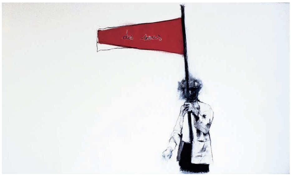 Description de l'image par IA : Personne tenant un drapeau rouge avec inscription, fond blanc.