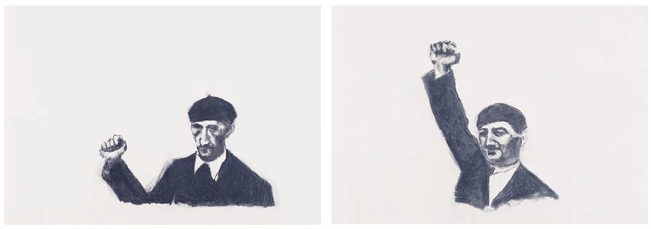 Description de l'image par IA : Deux dessins au fusain montrant un homme en costume avec des gestes passionnés, l'un poing levé, l'autre bras tendu.