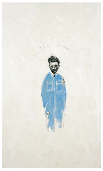 Description de l'image par IA : Homme en bleu, fusain sur toile, 200 × 240 cm.