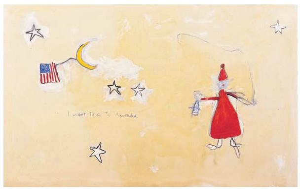 Description de l'image par IA : Fille en robe rouge sous étoiles et drapeau américain.