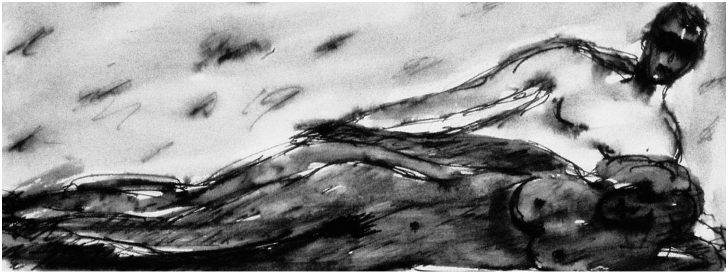 Description de l'image par IA : Dessin en noir et blanc d'une figure allongée, avec des traits épais et des ombres marquées.