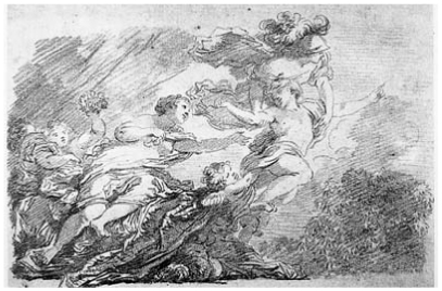 Description de l'image par IA : Dessins de Fragonard montrant Minerve arrachant un jeune prince à la volupté.