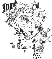Description de l'image par IA : Carte en noir et blanc avec des hachures et des points représentant diverses régions et villes.