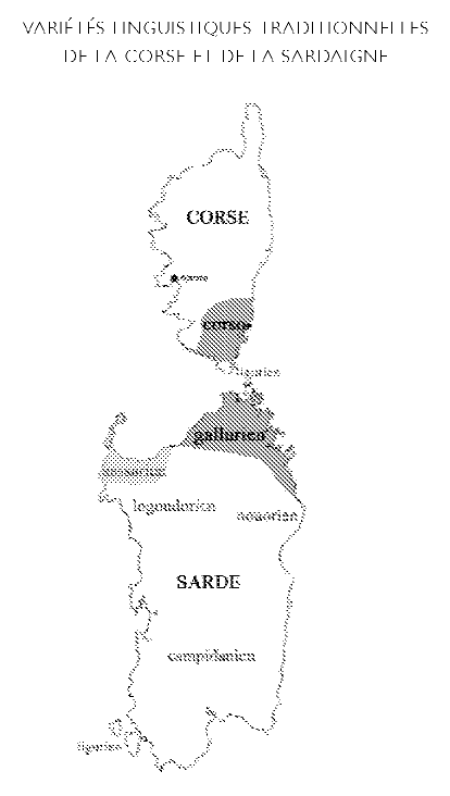 Description de l'image par IA : Carte en noir et blanc montrant la Corse et la Sardaigne avec des zones hachurées et des étiquettes indiquant des langues traditionnelles.