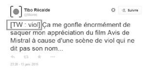 Description de l'image par IA : Capture d'écran d'un tweet avec un avertissement de contenu.