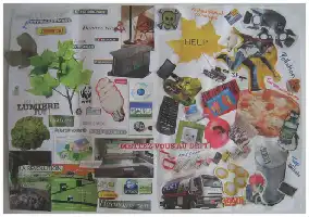 Description de l'image par IA : Collage avec des objets variés : feuilles, outils, nourriture, texte en français.