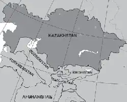 Description de l'image par IA : Carte géographique montrant le Kazakhstan et les pays voisins, y compris l'Ouzbékistan, le Turkménistan, l'Afghanistan et le Tadjikistan.