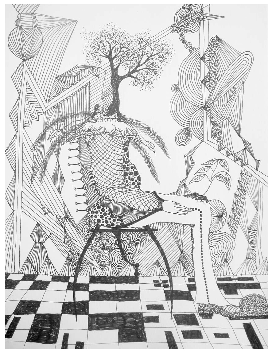 Description de l'image par IA : Dessin complexe avec arbre, motifs géométriques, et figures stylisées.